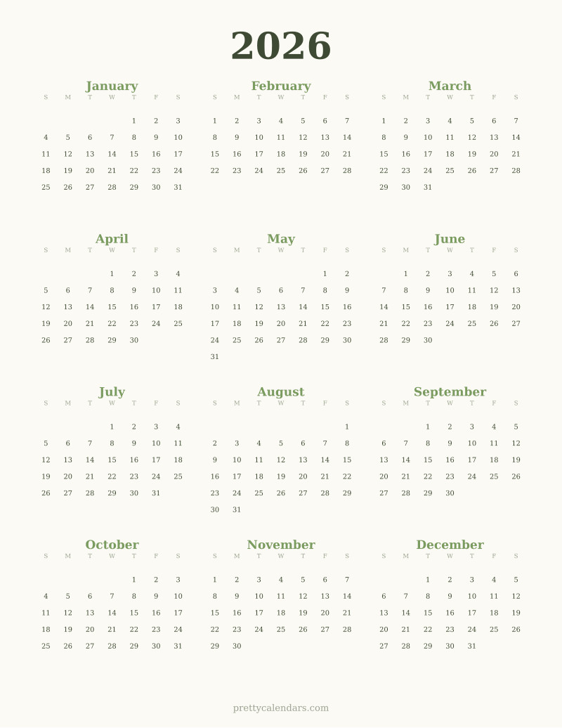 2026 full year printable calendar, Floral style