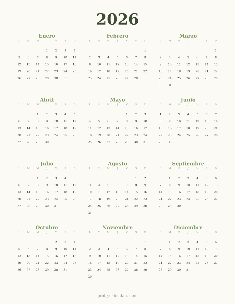 Calendario anual 2026 para imprimir, estilo Floral