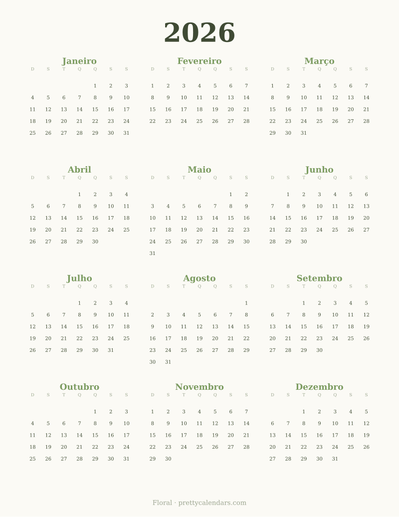 Calendário anual de 2026 para imprimir, estilo Floral