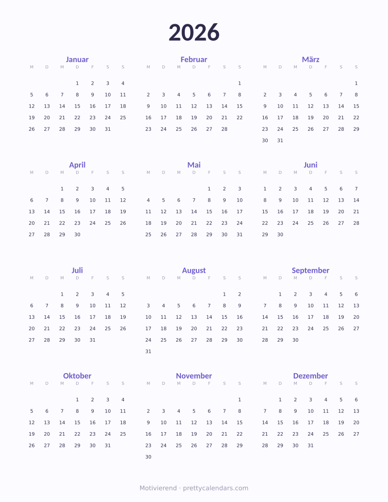Druckbarer Jahreskalender 2026, Design Motivierend