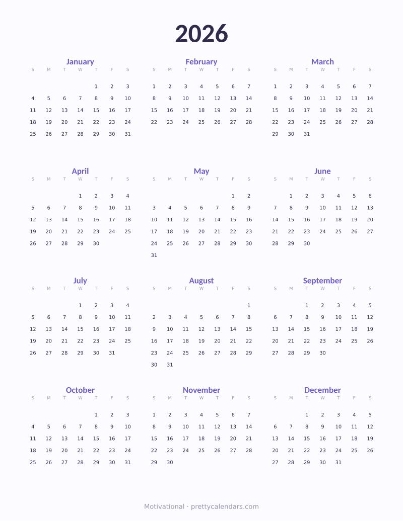 2026 full year printable calendar, Motivational style