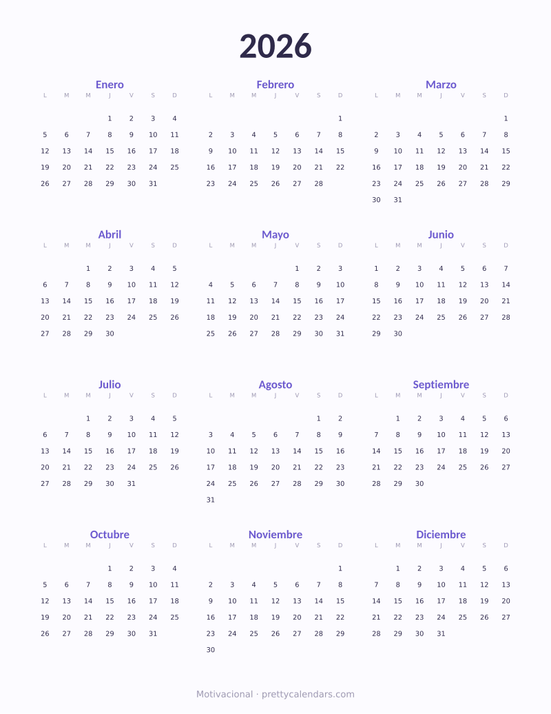 Calendario anual 2026 para imprimir, estilo Motivacional