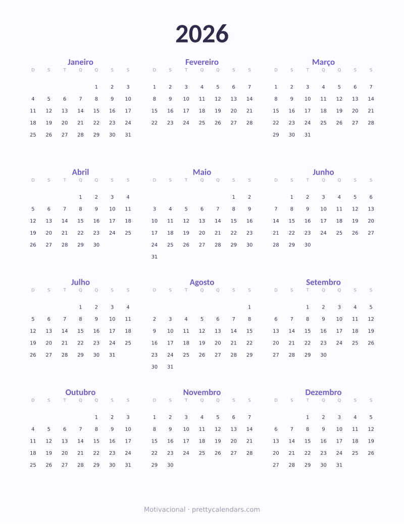 Calendário anual de 2026 para imprimir, estilo Motivacional