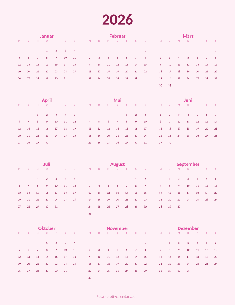 Druckbarer Jahreskalender 2026, Design Rosa