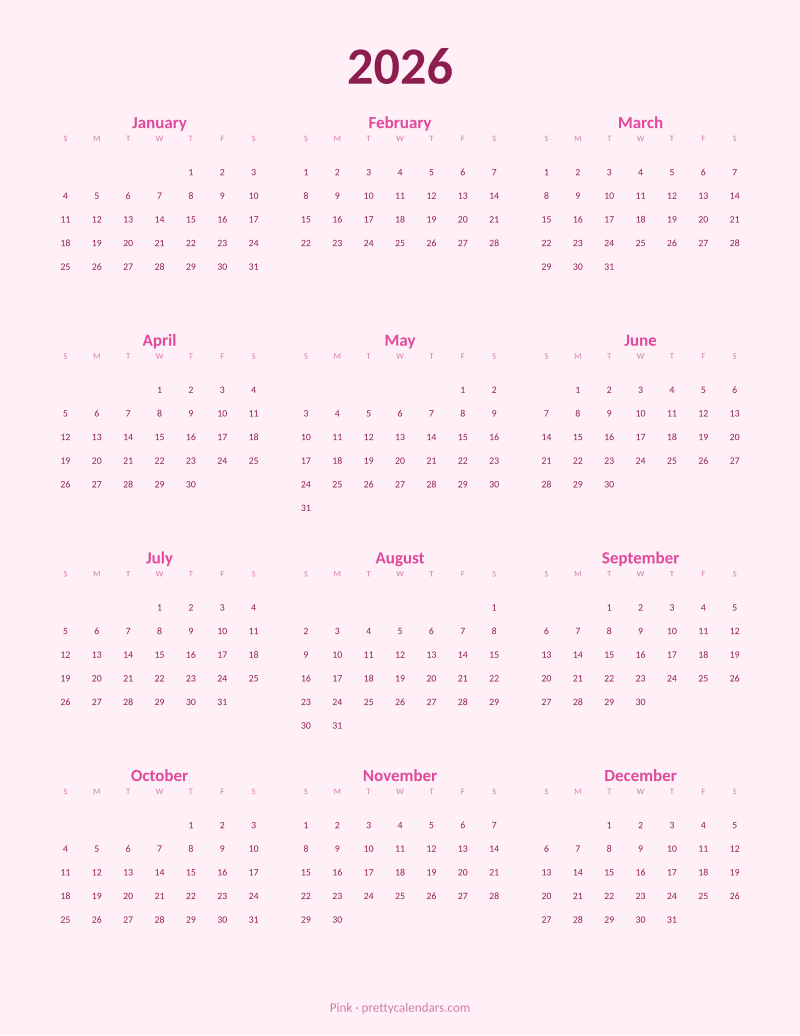 2026 full year printable calendar, Pink style