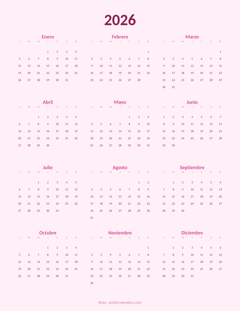 Calendario anual 2026 para imprimir, estilo Rosa
