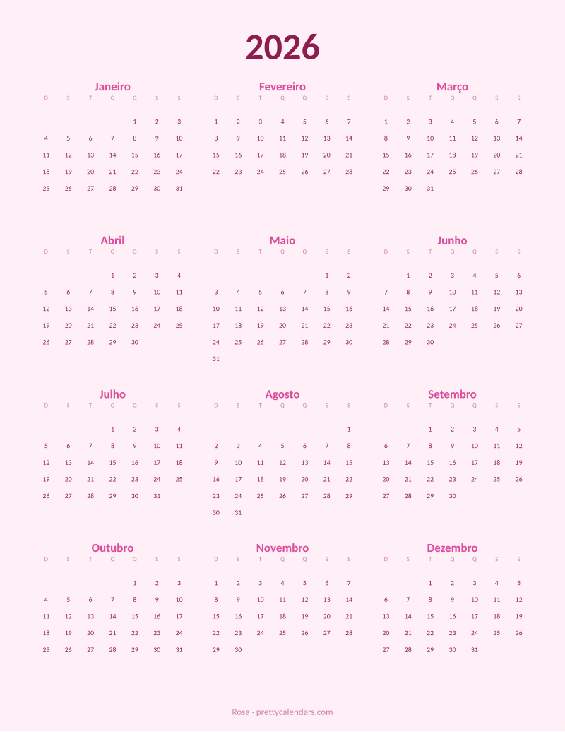 Calendário anual de 2026 para imprimir, estilo Rosa