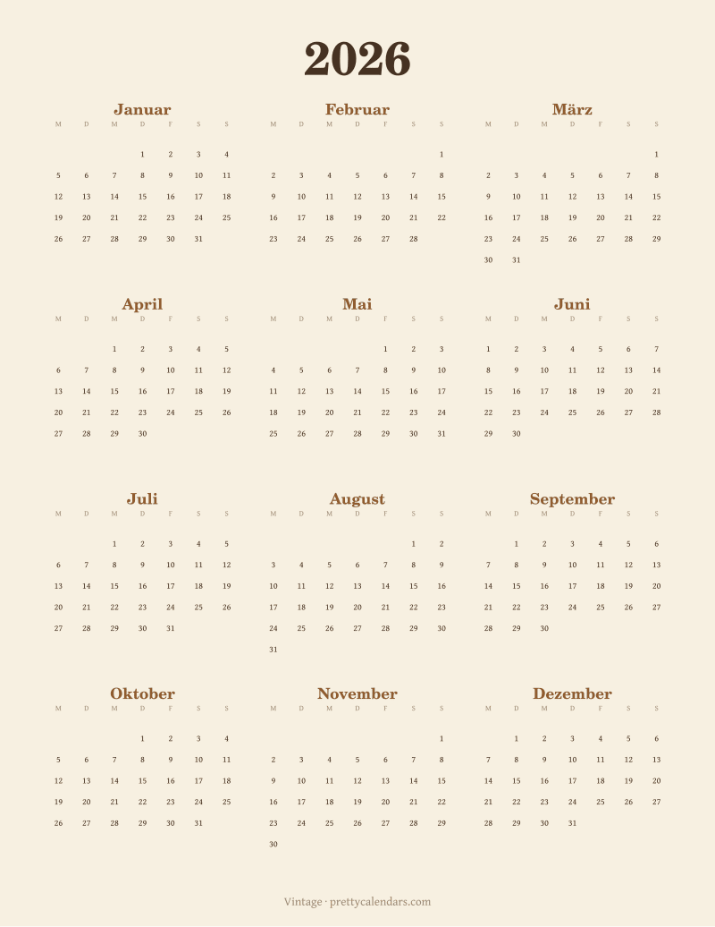 Druckbarer Jahreskalender 2026, Design Vintage