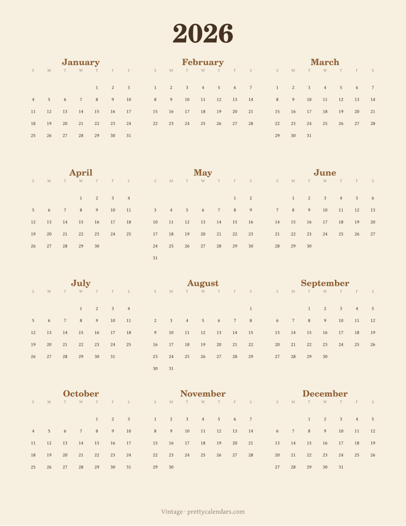 2026 full year printable calendar, Vintage style