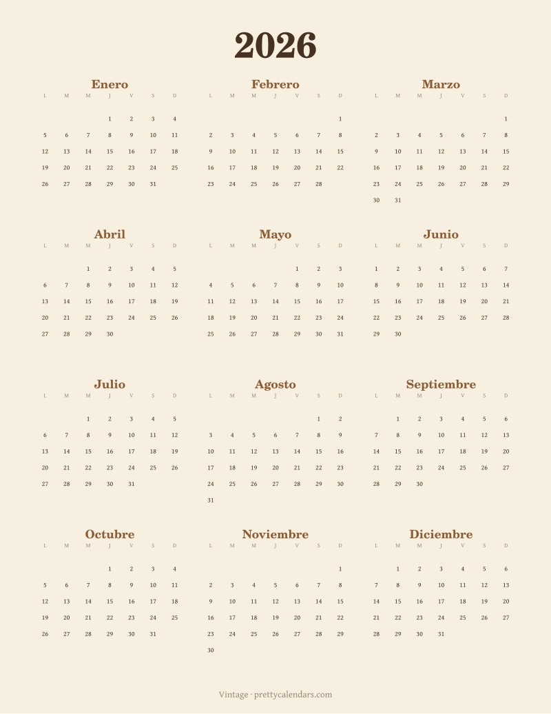 Calendario anual 2026 para imprimir, estilo Vintage
