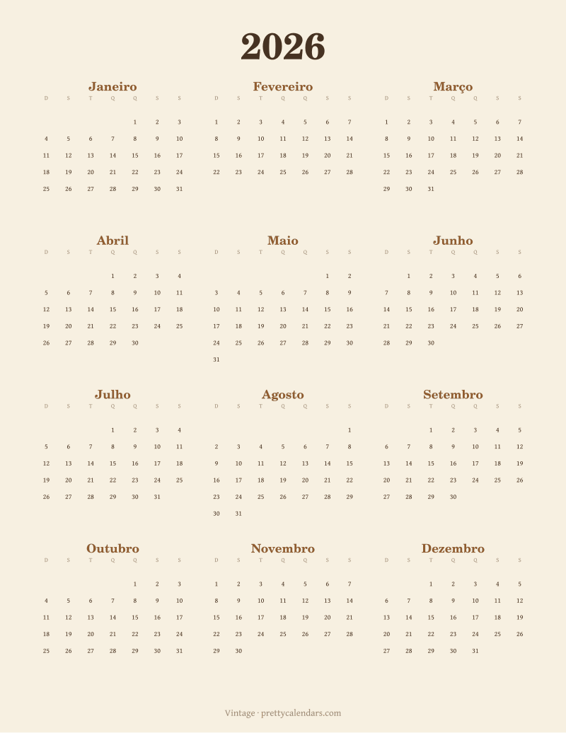 Calendário anual de 2026 para imprimir, estilo Vintage