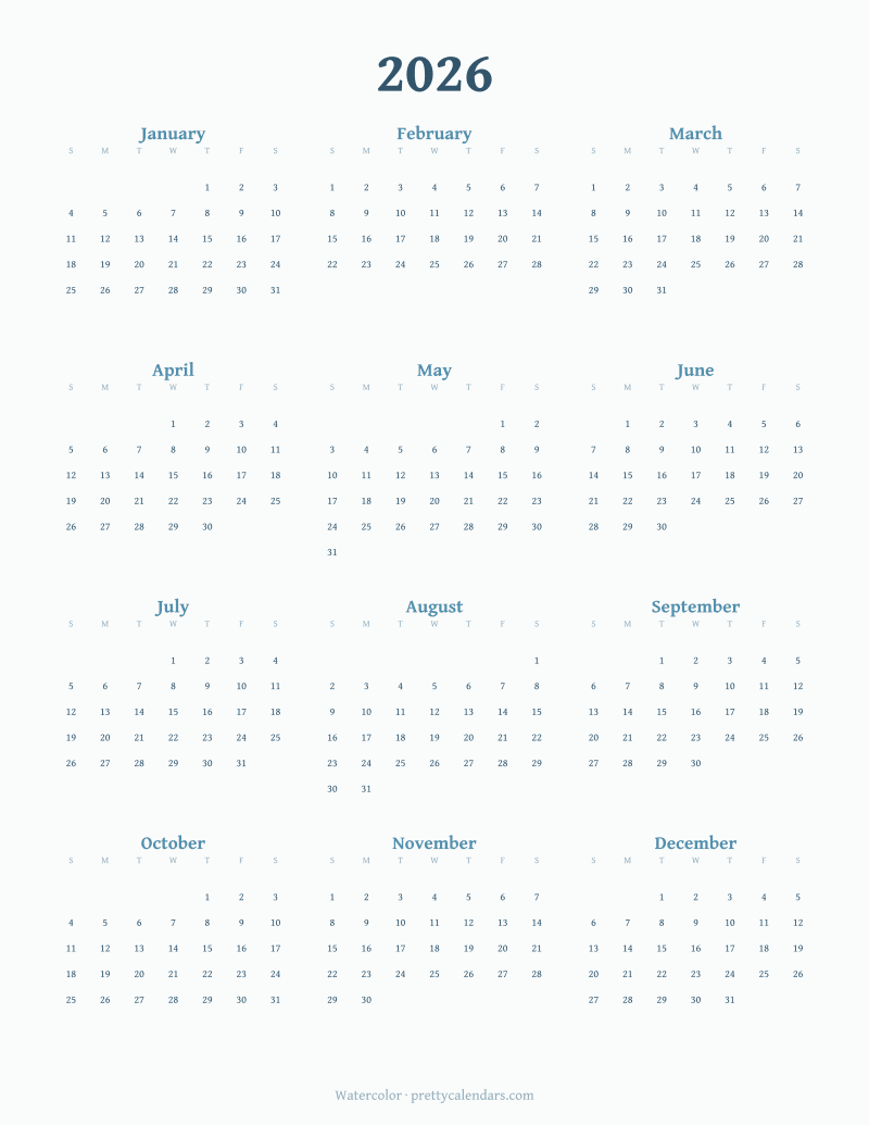 2026 full year printable calendar, Watercolor style