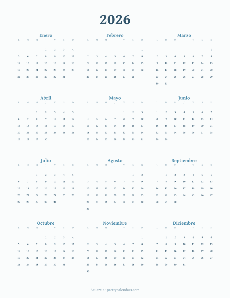 Calendario anual 2026 para imprimir, estilo Acuarela