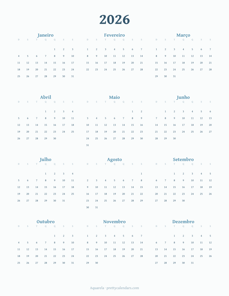 Calendário anual de 2026 para imprimir, estilo Aquarela