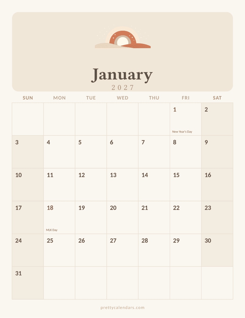 January 2027 printable calendar, Aesthetic style