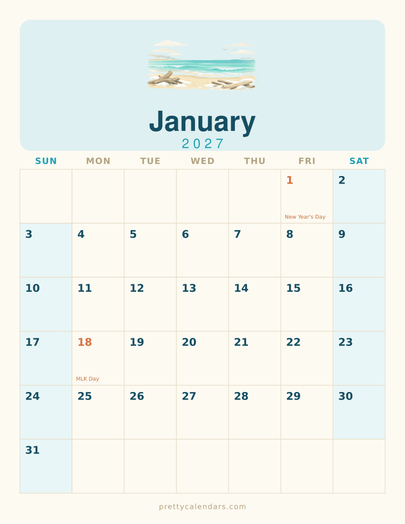 January 2027 printable calendar, Beach style