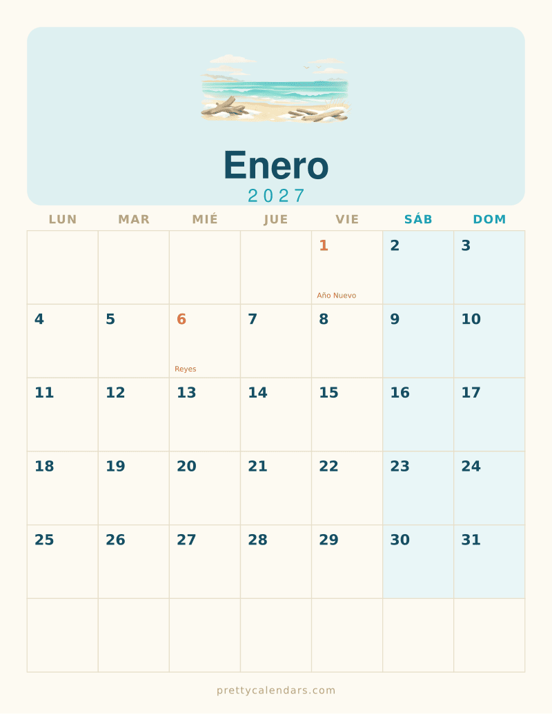 Calendario de Enero 2027 para imprimir, estilo Playa