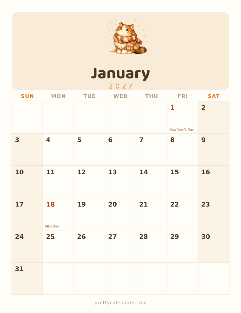 January 2027 printable calendar, Cat style