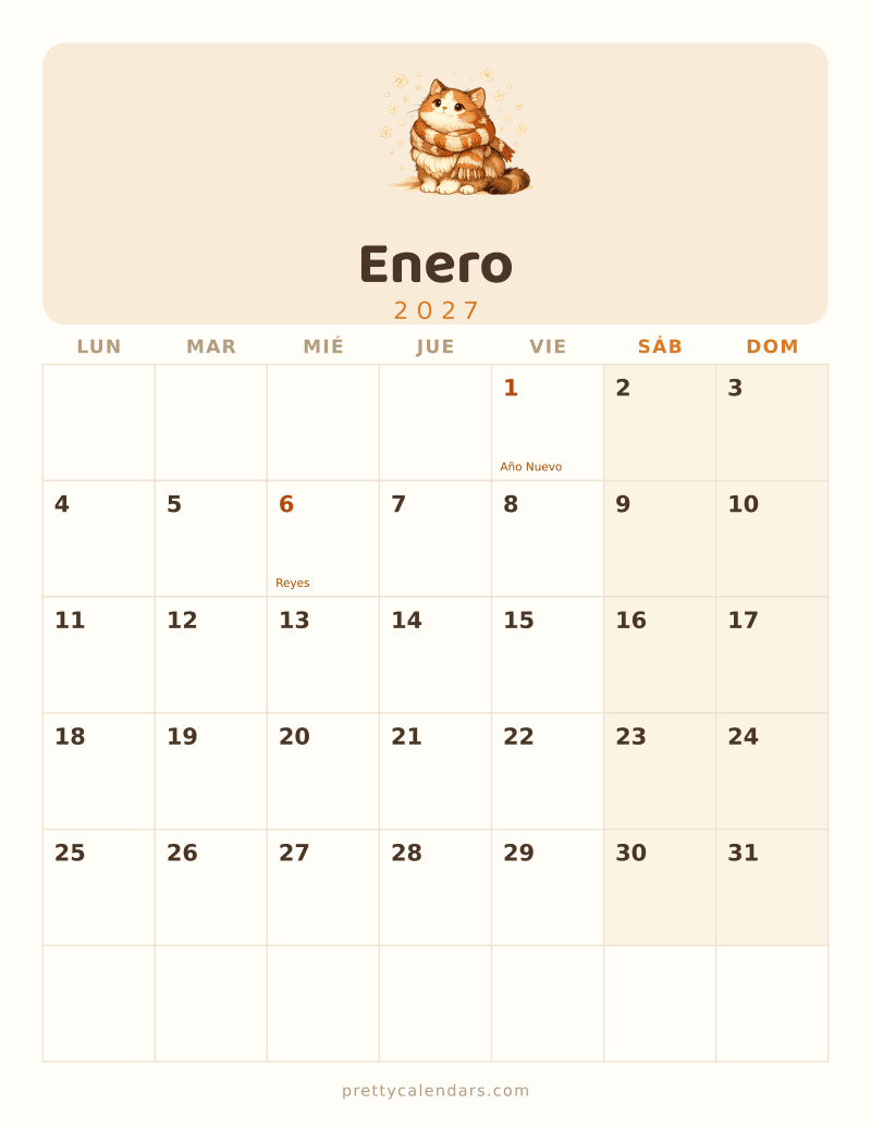 Calendario de Enero 2027 para imprimir, estilo Gatos