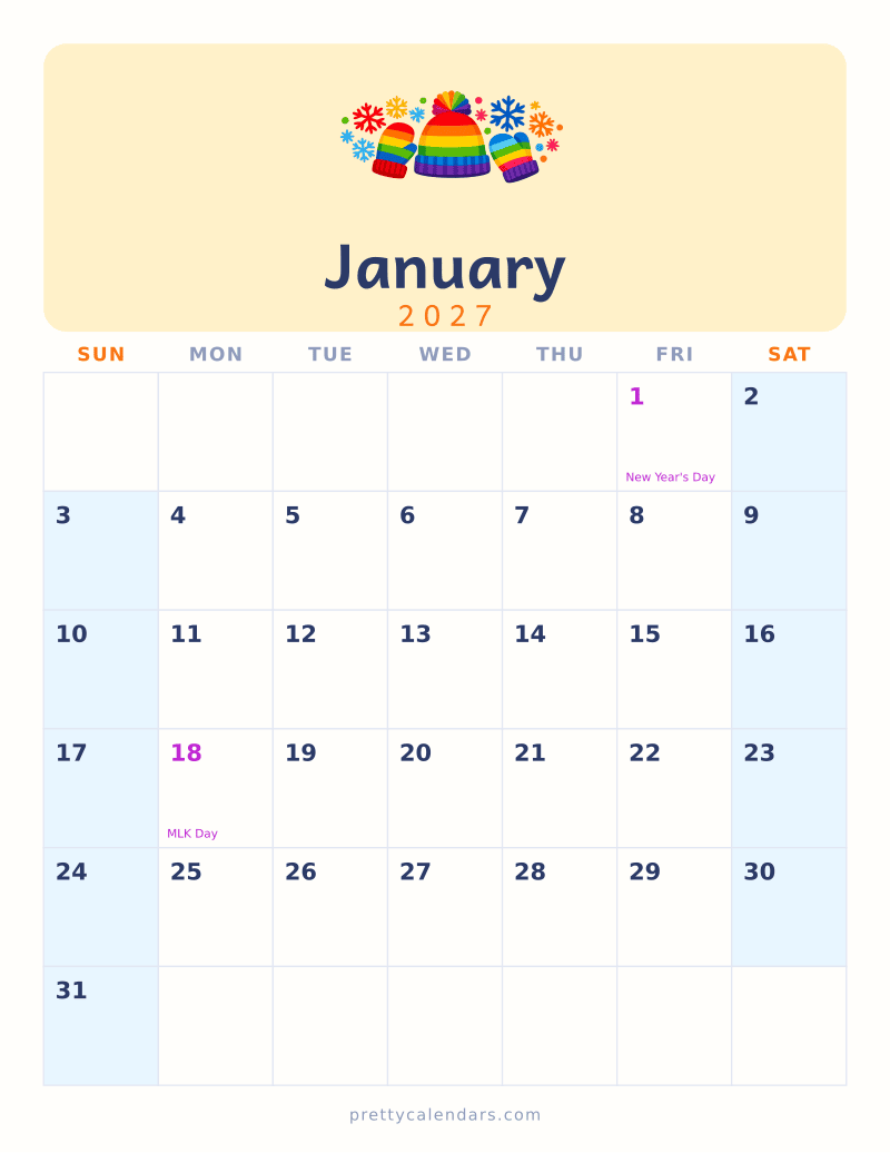 January 2027 printable calendar, Colorful style