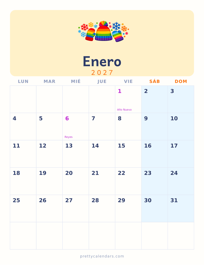 Calendario de Enero 2027 para imprimir, estilo Colorido
