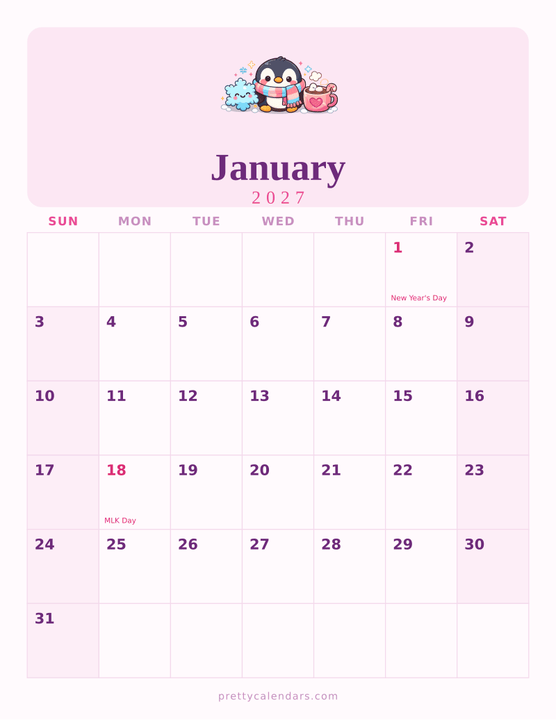 January 2027 printable calendar, Cute style