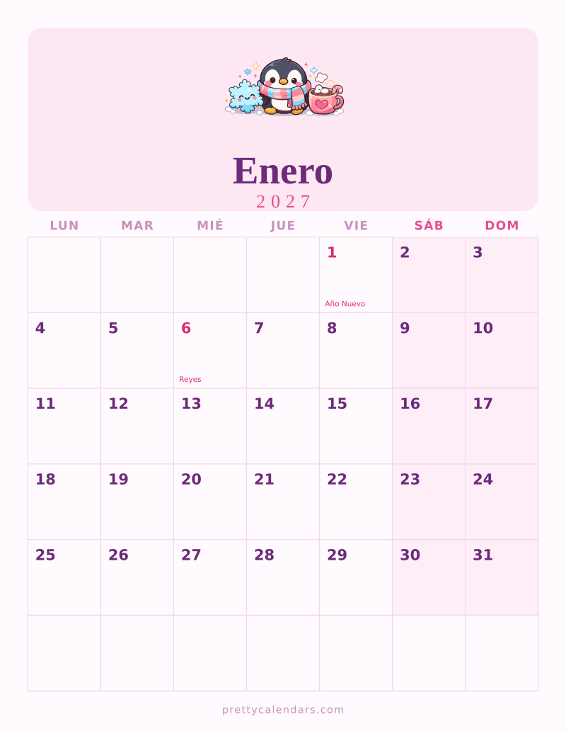 Calendario de Enero 2027 para imprimir, estilo Bonito