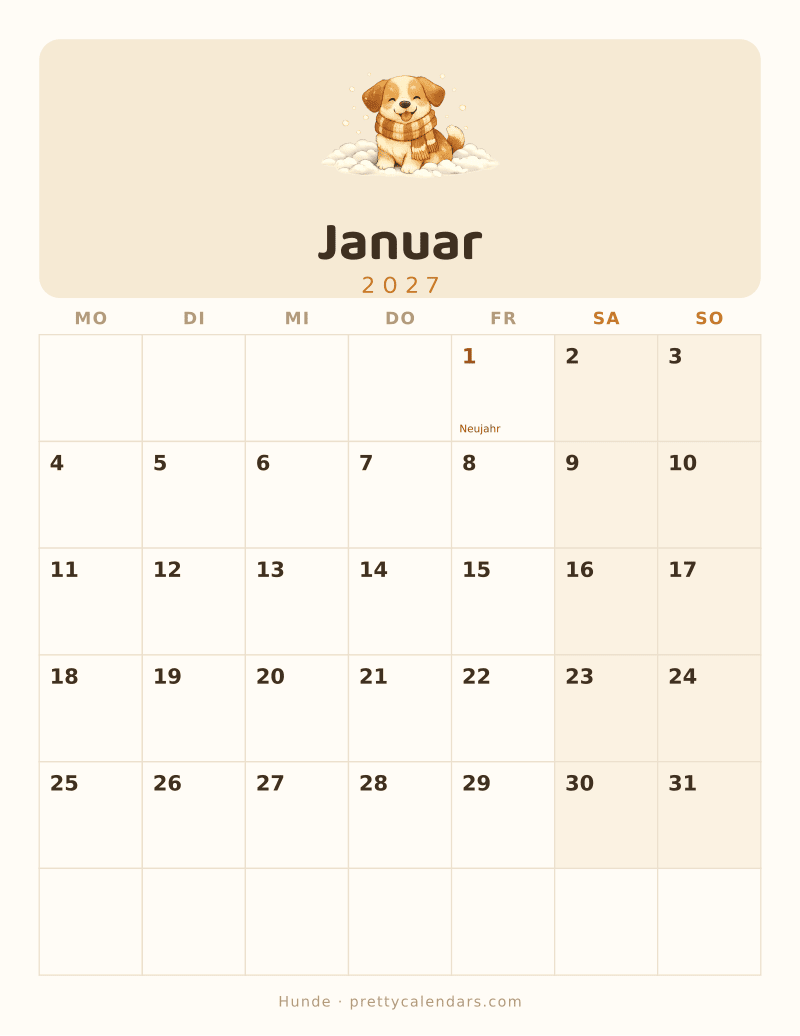 Druckbarer Kalender Januar 2027, Design Hunde