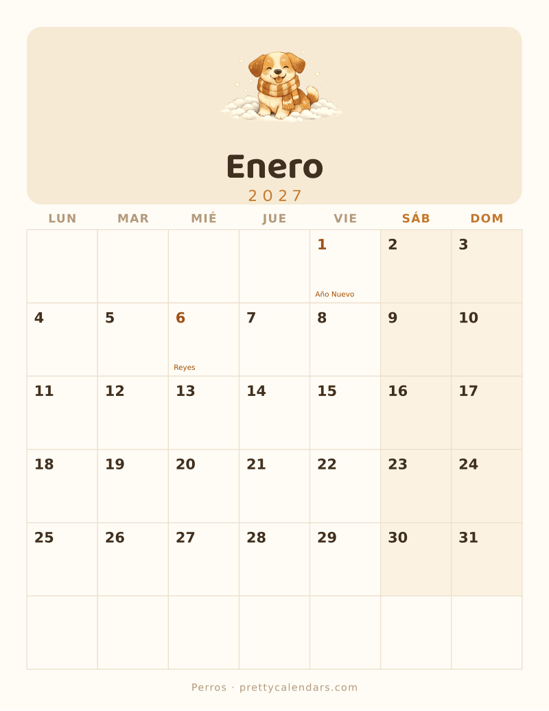 Calendario de Enero 2027 para imprimir, estilo Perros