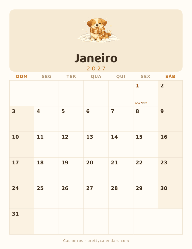 Calendário de Janeiro de 2027 para imprimir, estilo Cachorros