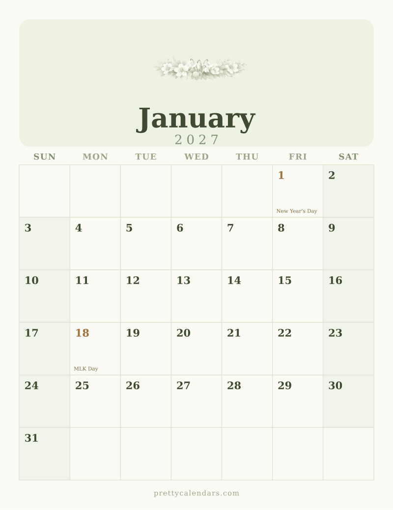 January 2027 printable calendar, Floral style