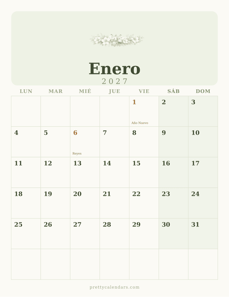 Calendario de Enero 2027 para imprimir, estilo Floral