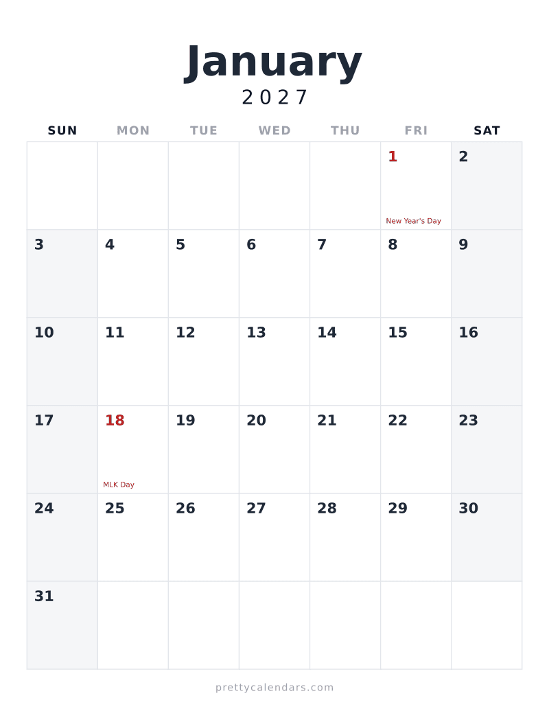 January 2027 printable calendar, Minimalist style
