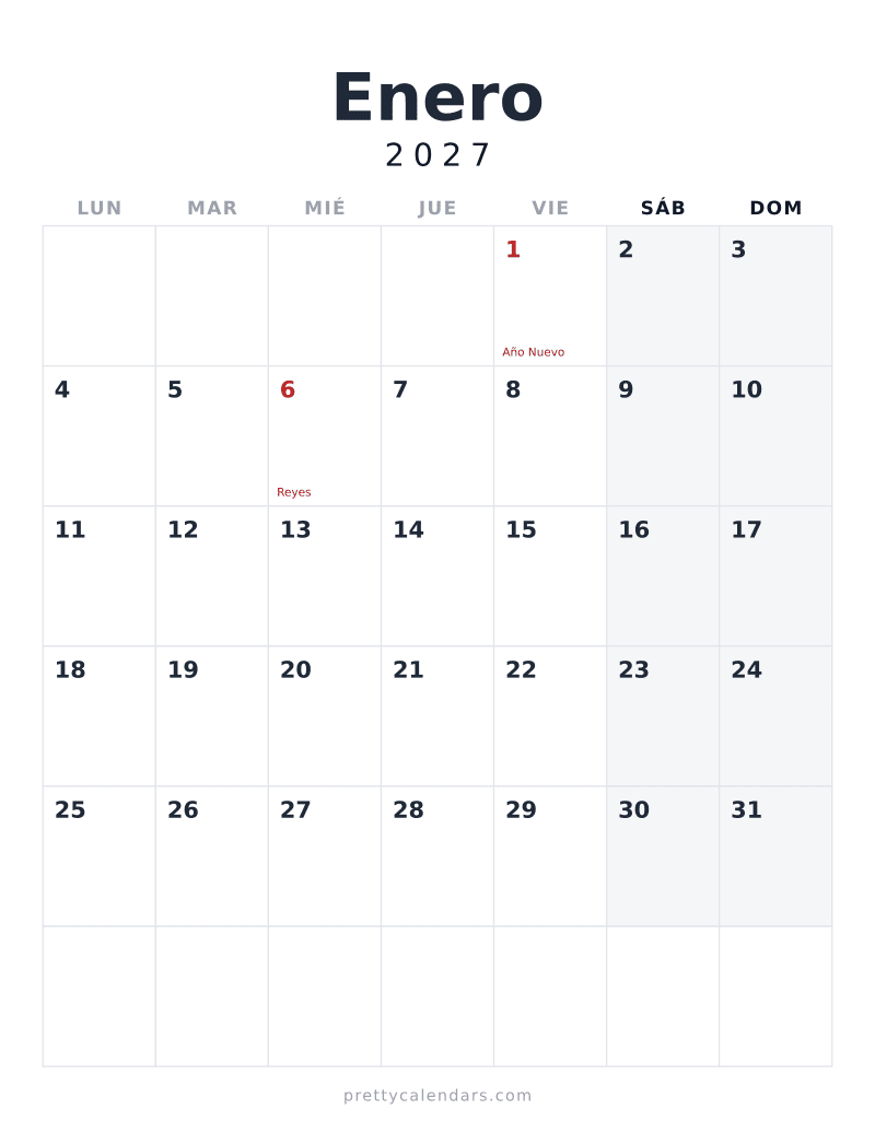 Calendario de Enero 2027 para imprimir, estilo Minimalista