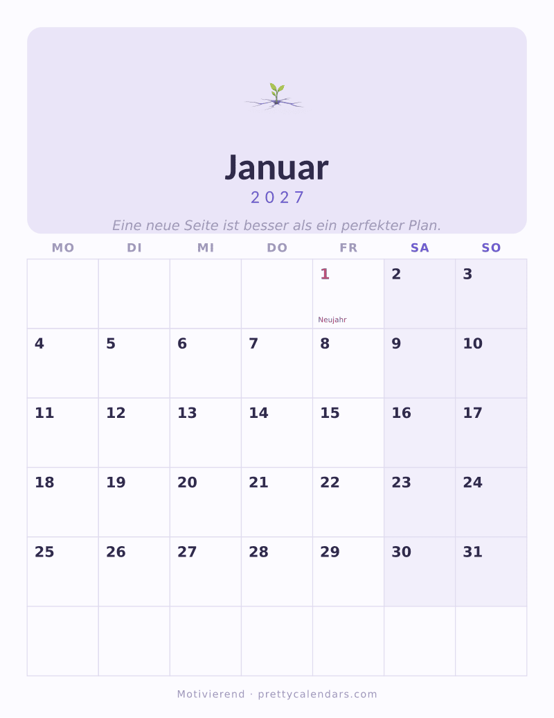 Druckbarer Kalender Januar 2027, Design Motivierend