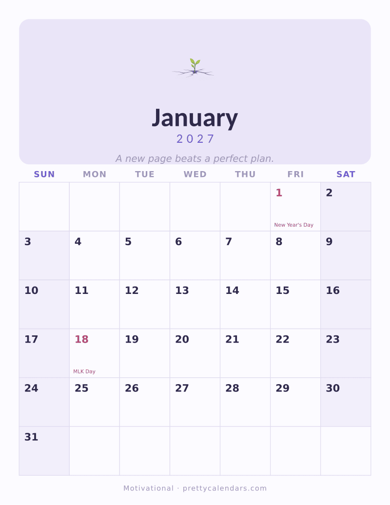 January 2027 printable calendar, Motivational style