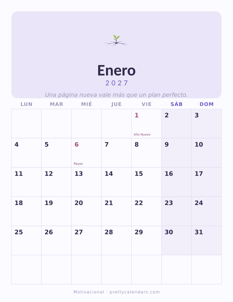 Calendario de Enero 2027 para imprimir, estilo Motivacional
