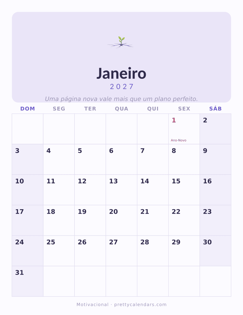 Calendário de Janeiro de 2027 para imprimir, estilo Motivacional