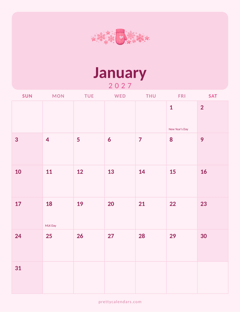 January 2027 printable calendar, Pink style