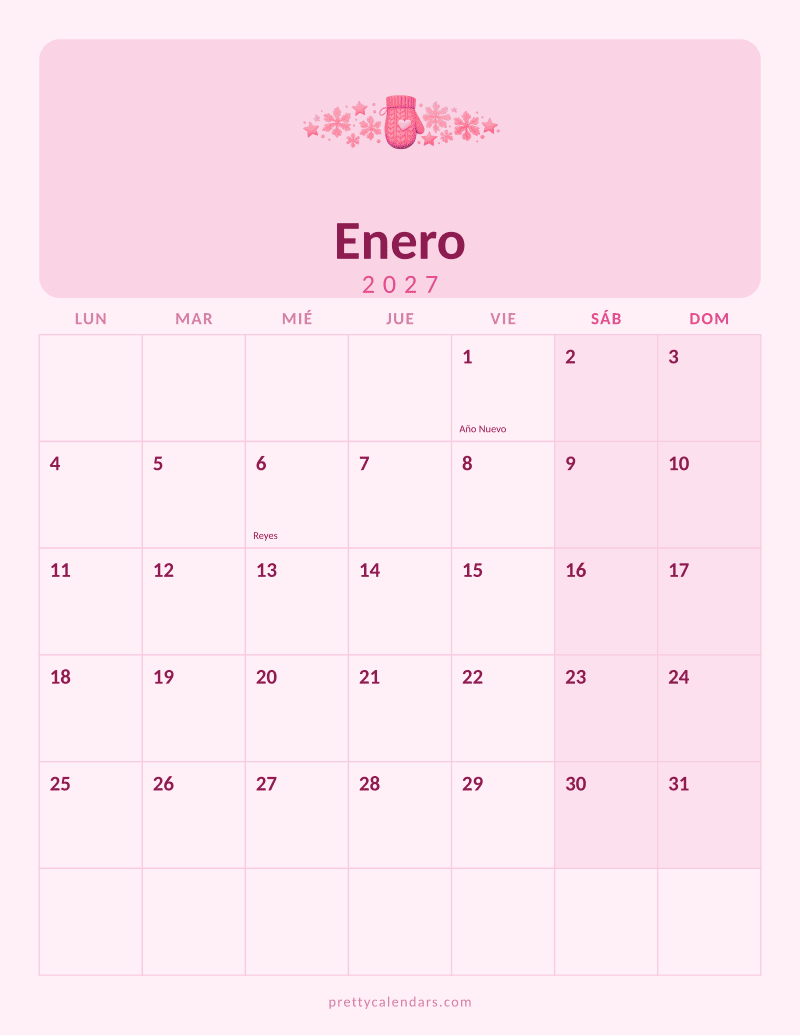 Calendario de Enero 2027 para imprimir, estilo Rosa