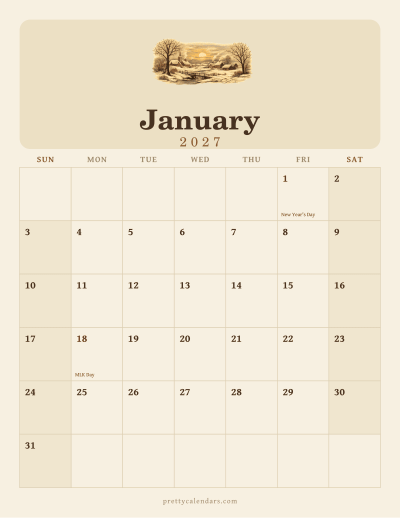 January 2027 printable calendar, Vintage style