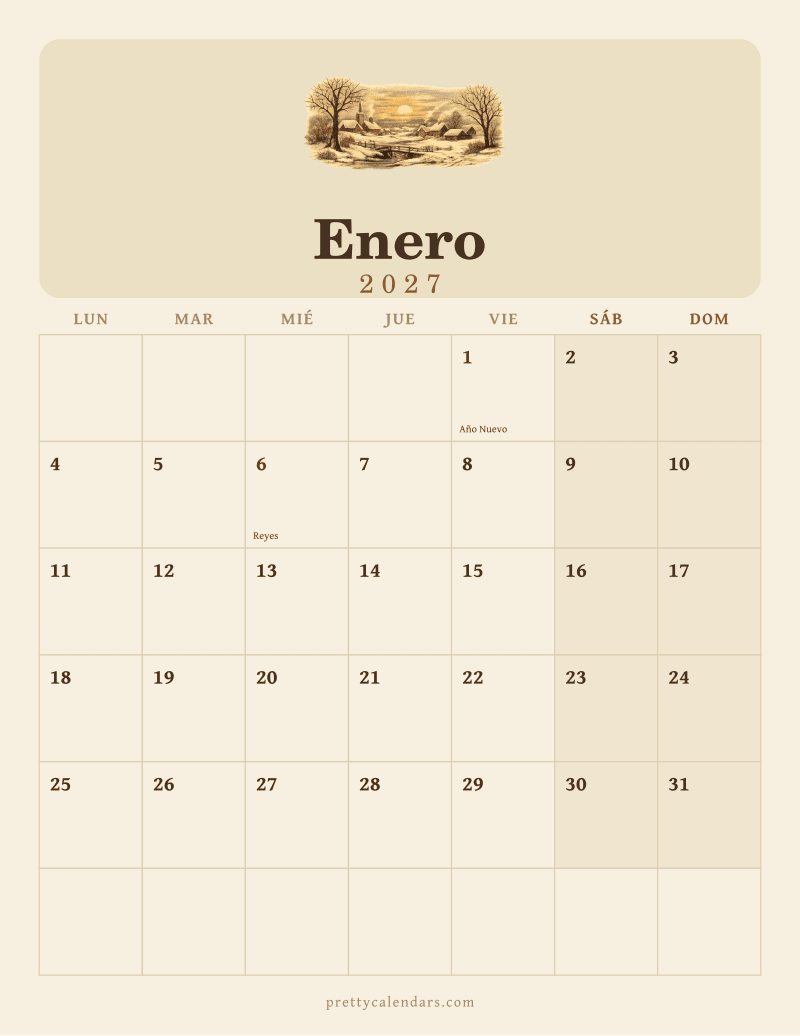 Calendario de Enero 2027 para imprimir, estilo Vintage