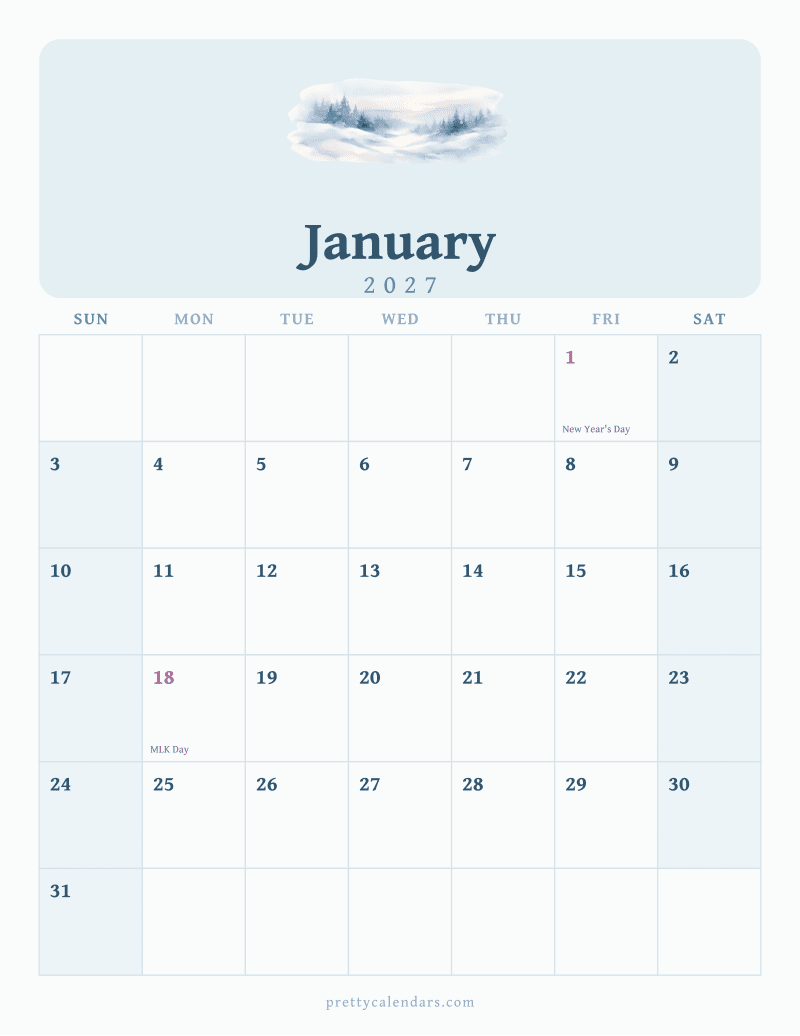 January 2027 printable calendar, Watercolor style