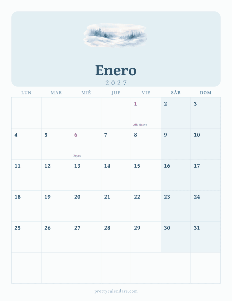 Calendario de Enero 2027 para imprimir, estilo Acuarela