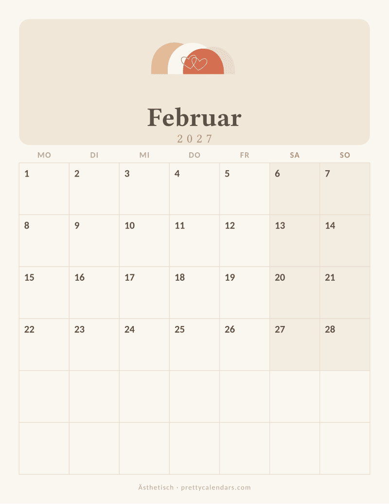 Druckbarer Kalender Februar 2027, Design Ästhetisch