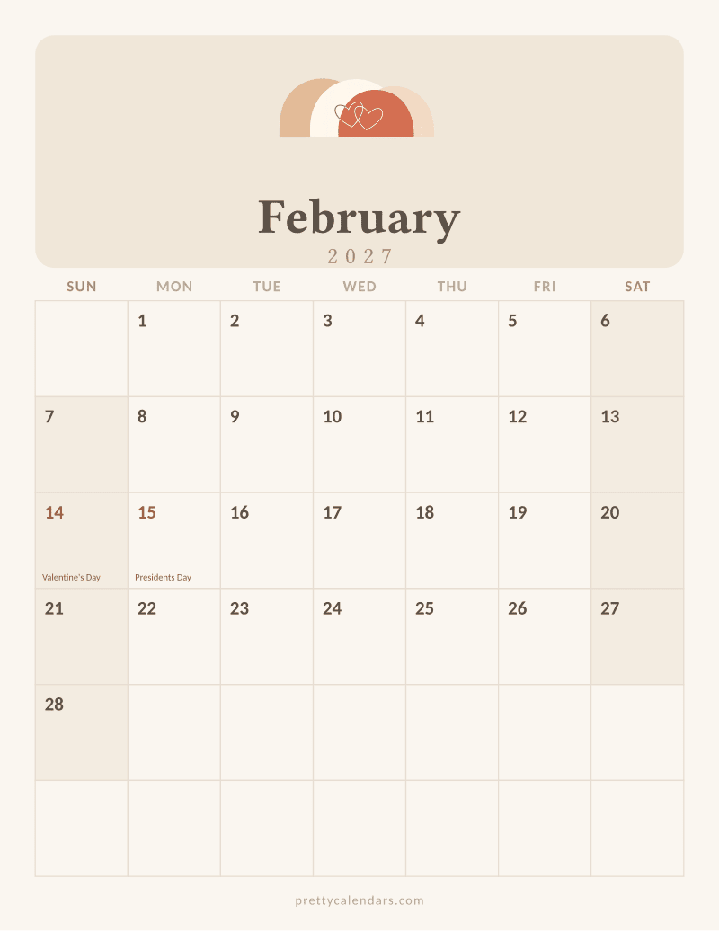 February 2027 printable calendar, Aesthetic style