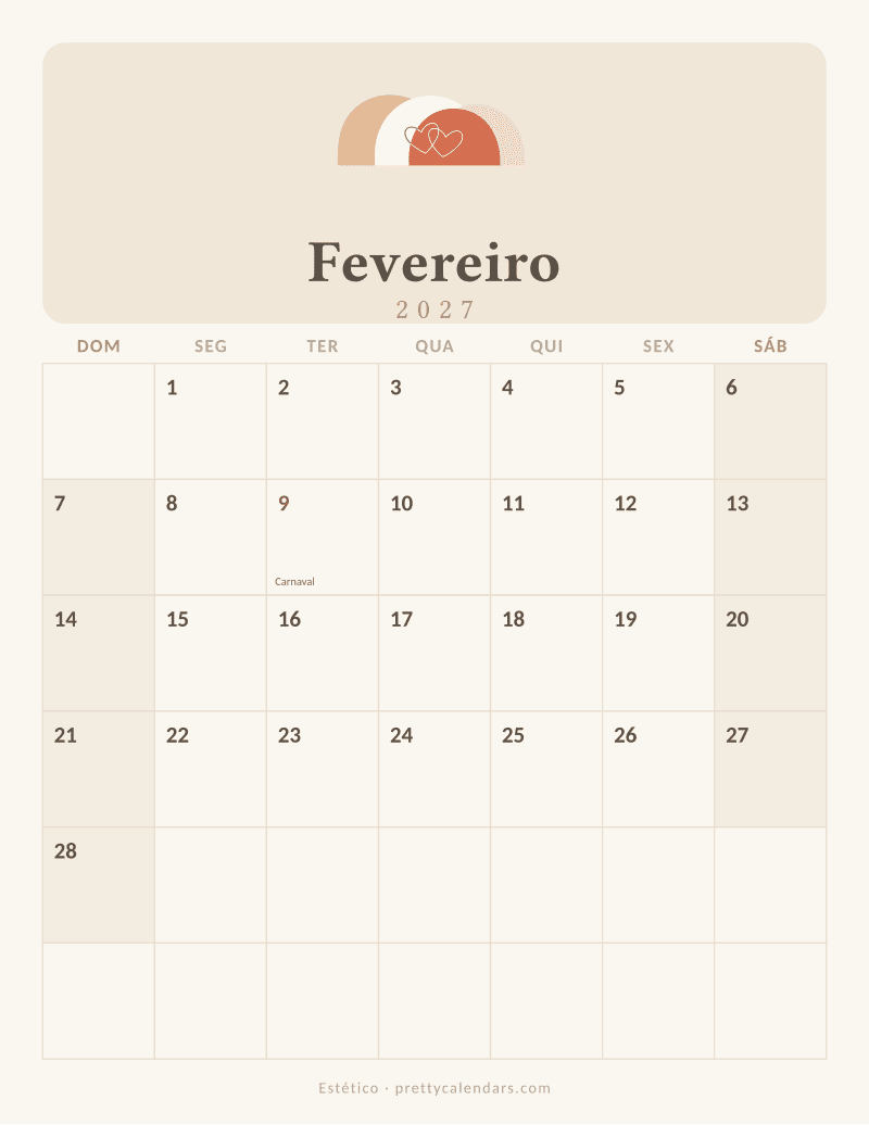 Calendário de Fevereiro de 2027 para imprimir, estilo Estético