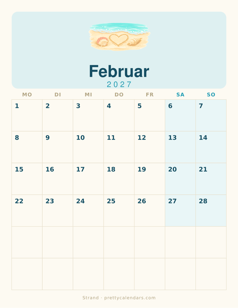 Druckbarer Kalender Februar 2027, Design Strand