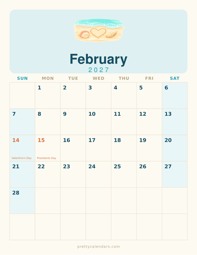 February 2027 printable calendar, Beach style