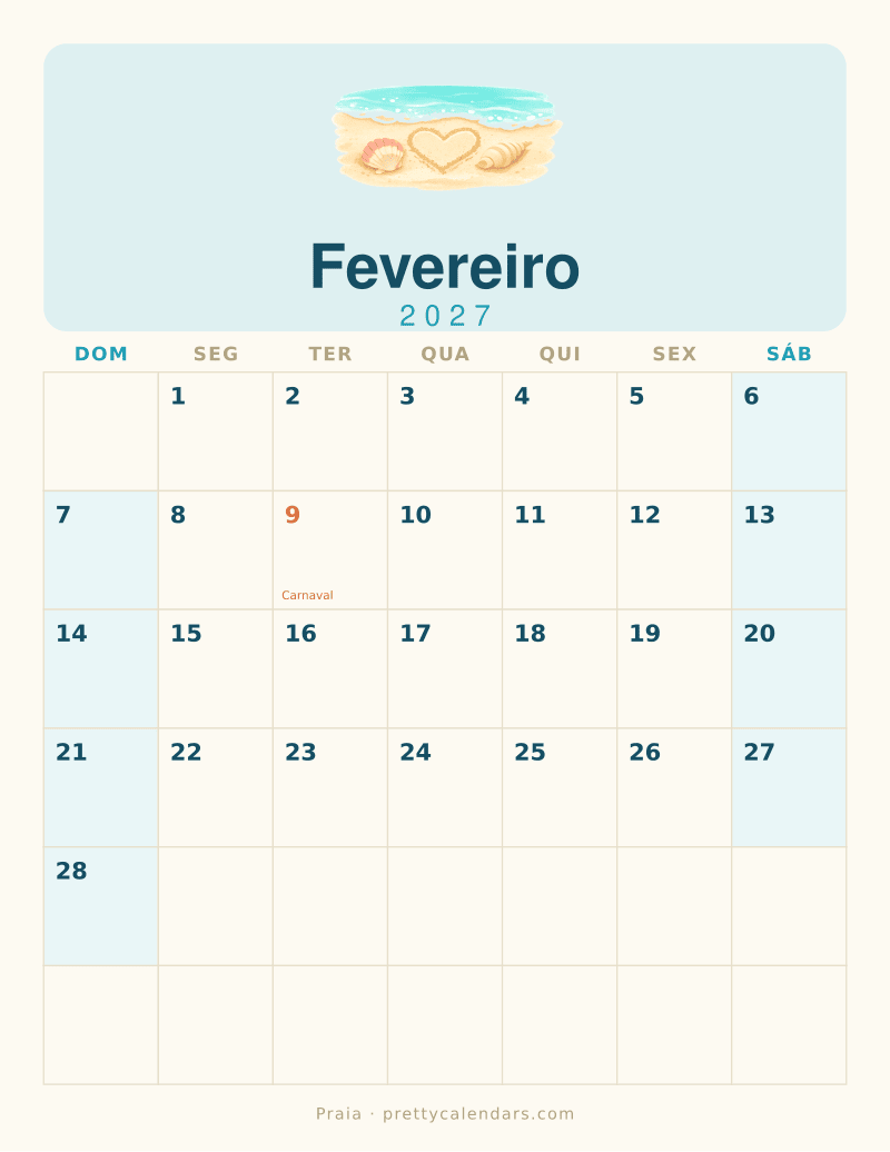 Calendário de Fevereiro de 2027 para imprimir, estilo Praia